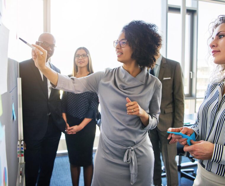 woman leading a pmo assessing a process on a board