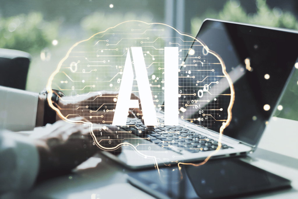 ai brain icon double exposed over a laptop