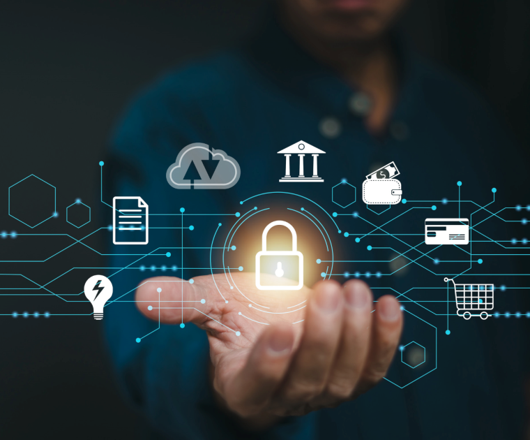 hand holding financial and security symbols