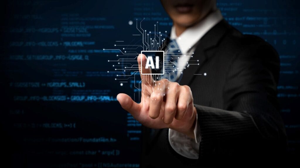ai symbol being pressed by a man in a suit