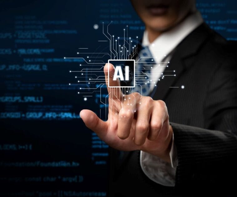 ai symbol being pressed by a man in a suit