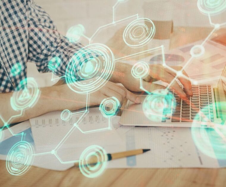 ai opportunity pipeline icons over someone working on a laptop