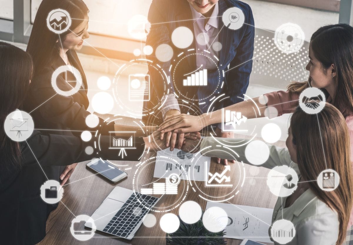 icons show connected projects on top a team of workers