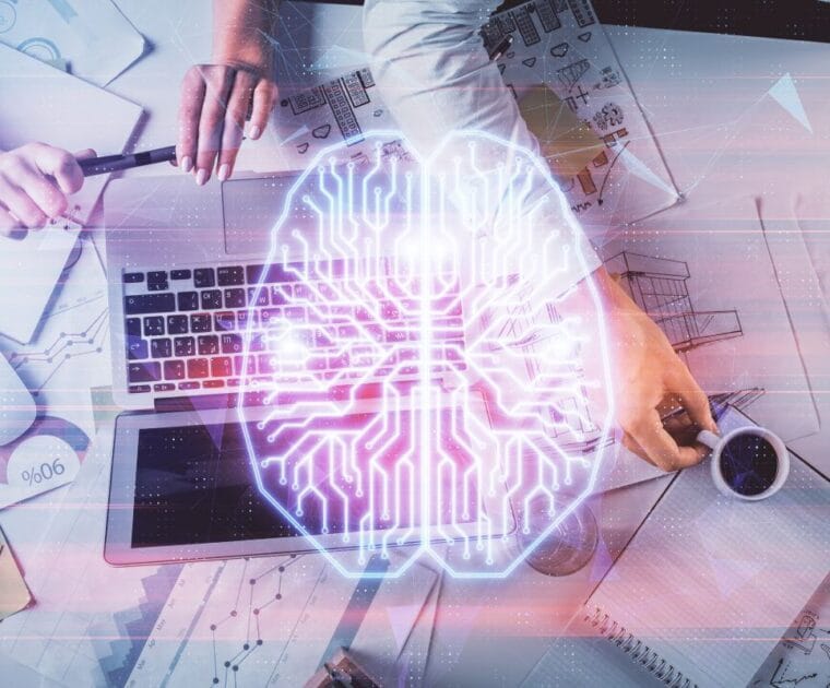 vector icon of a brain overlayed a laptop