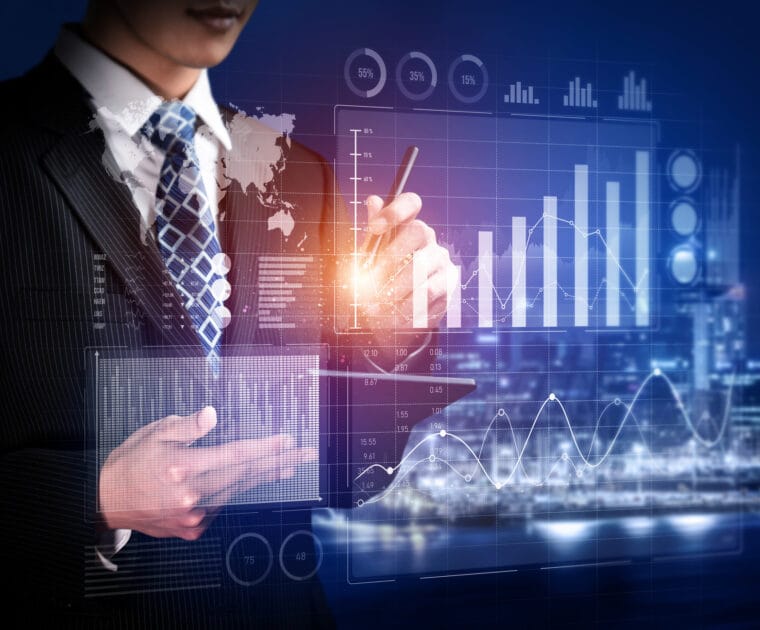 overlays of statistics and data being read by a man in a suit